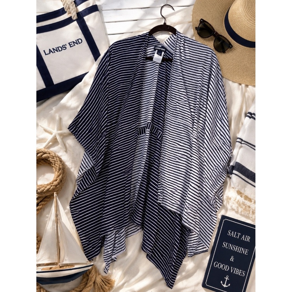 Lands' End Navy Stripe Swim Cover-Up Kimono | One Size | Resort Coastal Chic